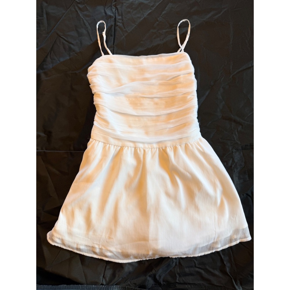 Hollister White Chiffon Ruched Mini Dress Smocked Back S built in shorts pockets